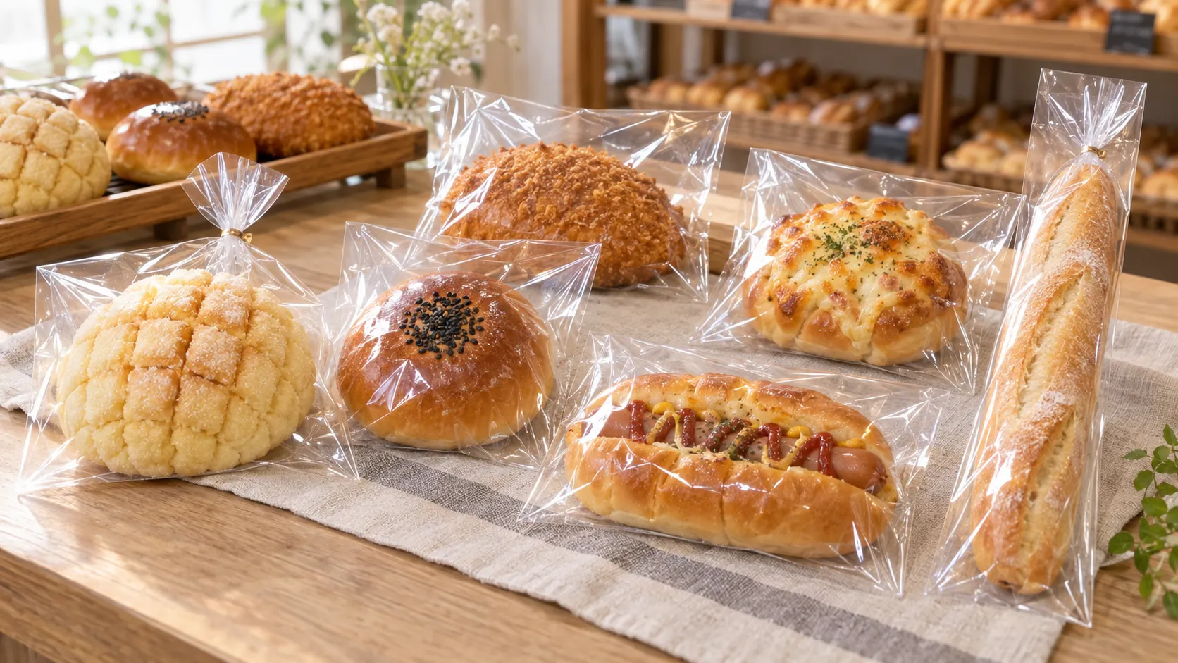 菓子パン、惣菜パン、ドッグパン、細長いパンを透明PPパン袋で個包装した使用イメージ